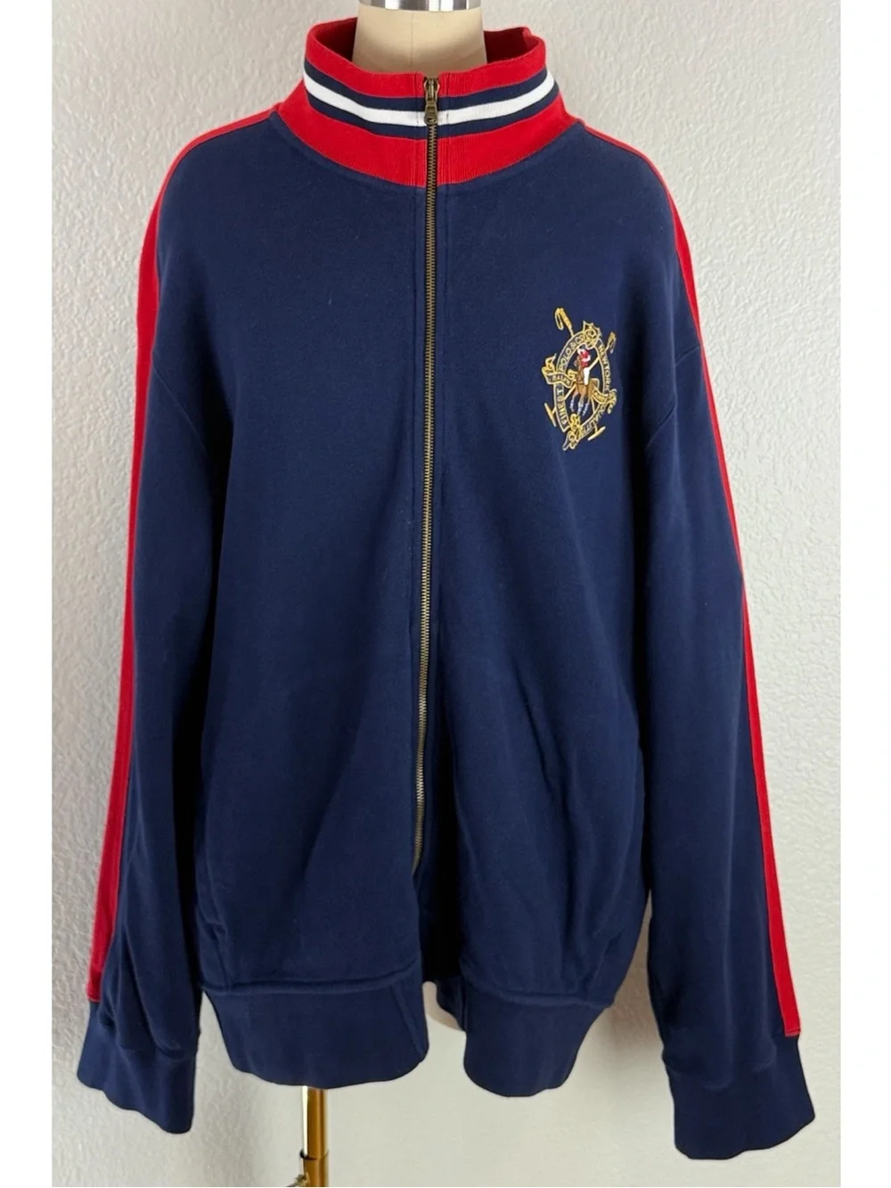 Polo Ralph Lauren Vintage Men's Bomber Sweater Jacket w/ Gold Crest Blue/Red, XL